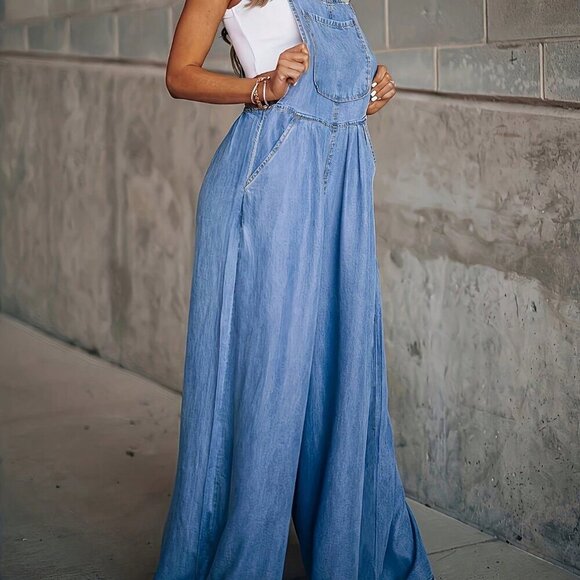 Blue Casual Women's Loose Wide Leg Overalls - Picture 5 of 5